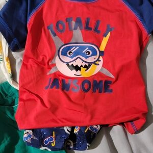 Red "Totally Jawsome" Shark Graphic Kids Rash Guard Set